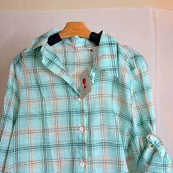 Plaid Button-Down Shirt Mint Green, Roll Tab Sleeves, NWT, Size L - Picture 4 of 7